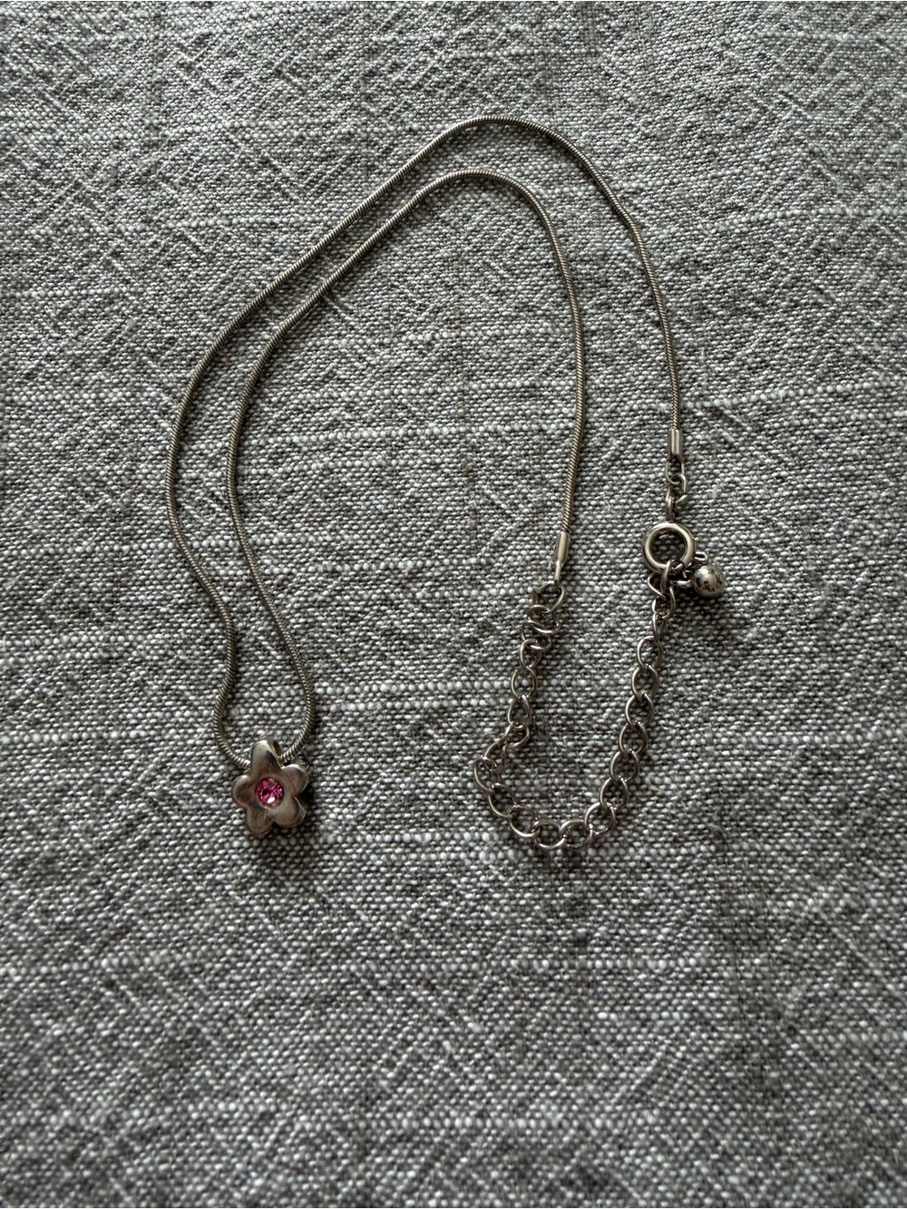 Silver Floral Necklace with Pink Crystal Accent